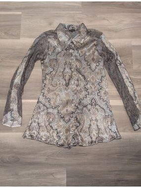 Komarov | Crinkle Pleated Lace Corset Back Blouse In Blue Bronze Paisley